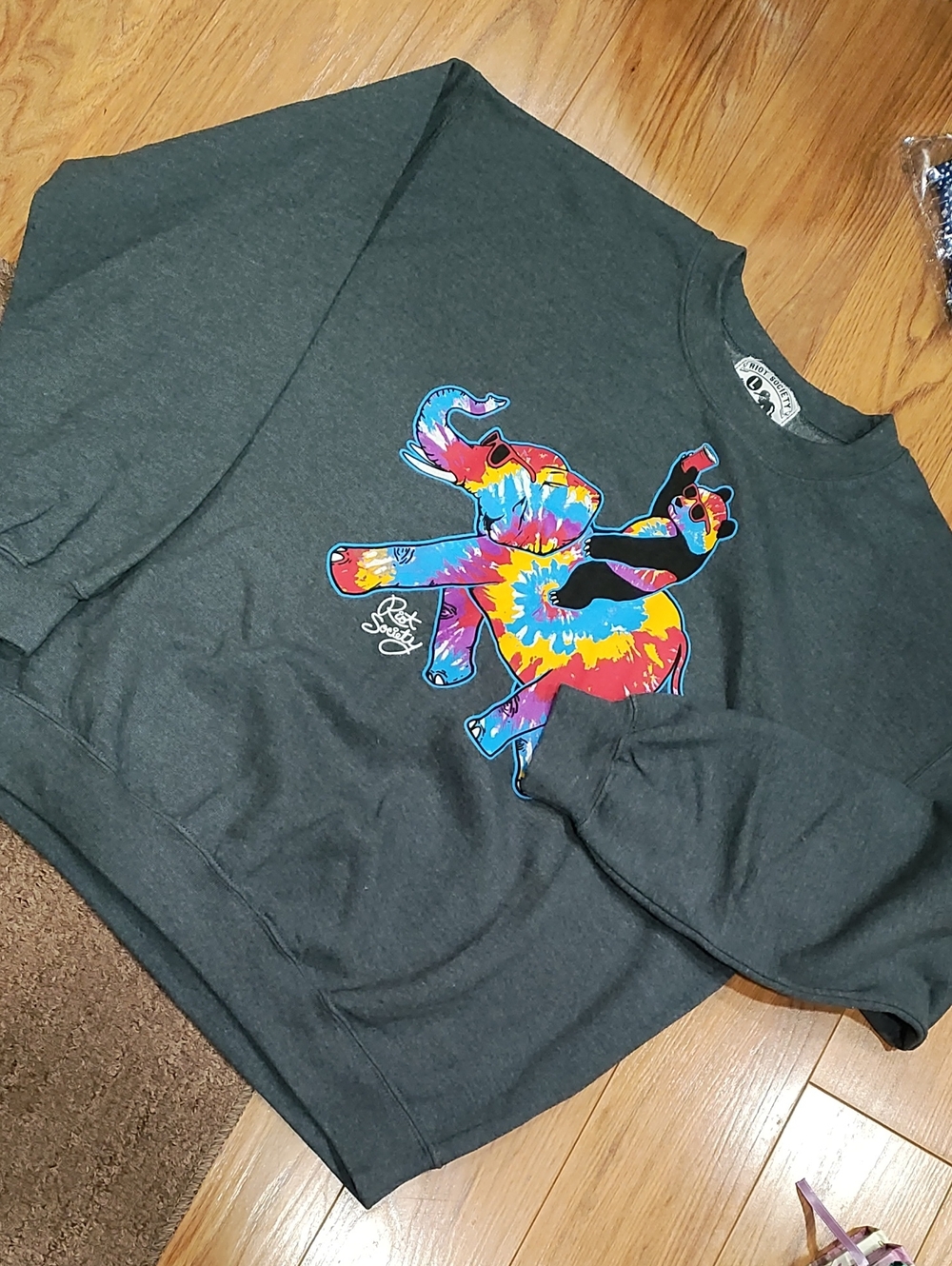 riot society Charcoal Sweatshirt with Multicolor Tie-Dye Elephant Graphic